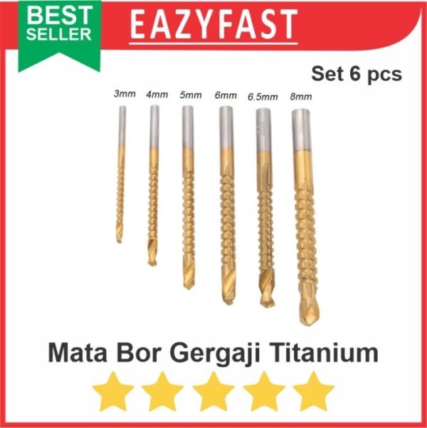 Mata Bor Gergaji Drill Bit Saw HSS Set 6 pcs 3-8mm Titanium Coated