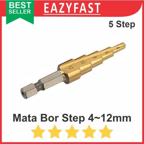 Mata Bor Step Drill Bits Multi Sze 4-12mm HSS Pagoda Kerucut Cone 5in1