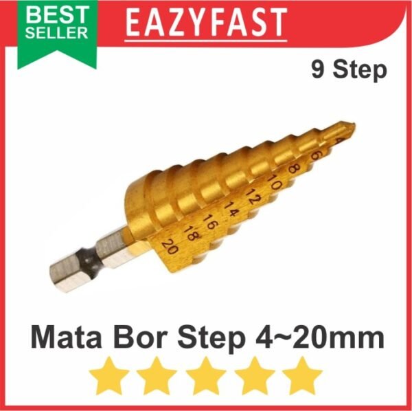 Mata Bor Step Drill Bits Multi Sze 4-20mm HSS Pagoda Kerucut Cone 5in1