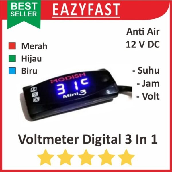 Voltmeter Digital Motor 3 in 1 Jam Suhu LED Mobil Volt meter Aki Accu