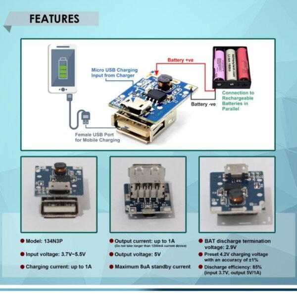 Modul Step Up Mesin Powerbank USB 134N3P Biru 5V 1A DIY PB Power Bank Module Lithium 18650 Overcharge Protection Auto Cut Off Protect Board Blue - Gambar 3