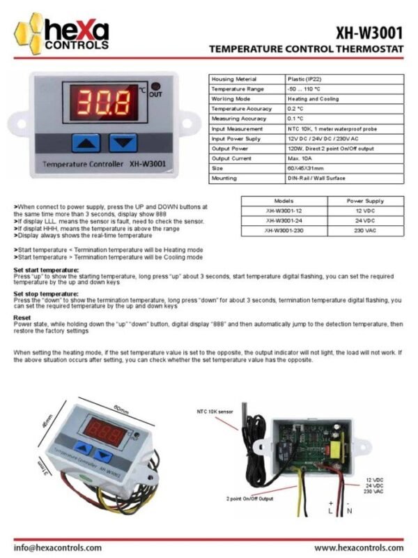 Thermostat W3001 12V DC Inkubator Atur Suhu Temperature Otomatis 3001 - Gambar 3