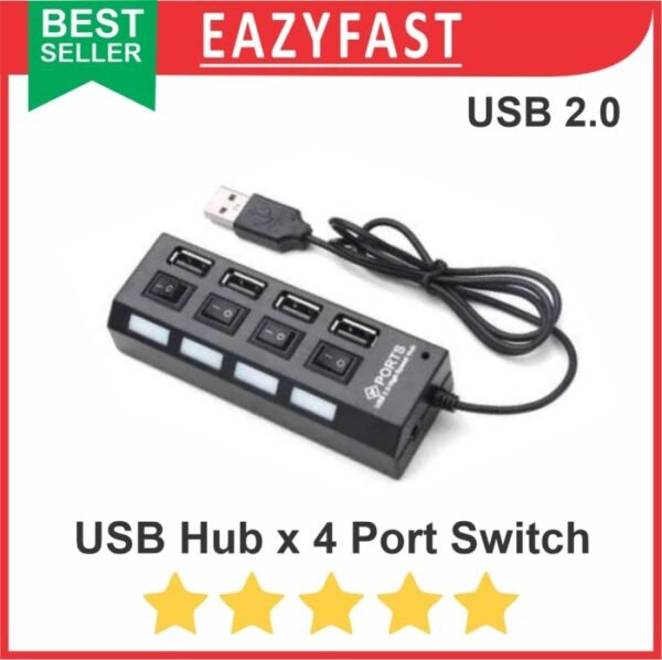 USB Hub 2.0 4 Port + Saklar Switch On Off LED High Speed