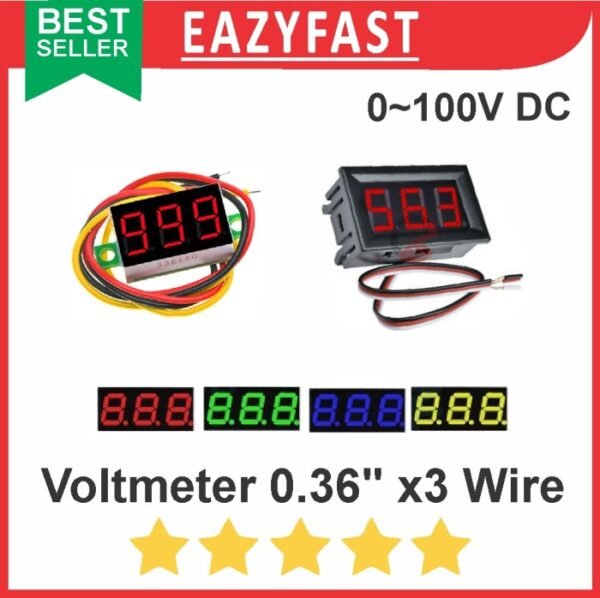 Voltmeter Digital DC 0.36" Inch 3 Kabel Wire Volt Meter Kecil Mini