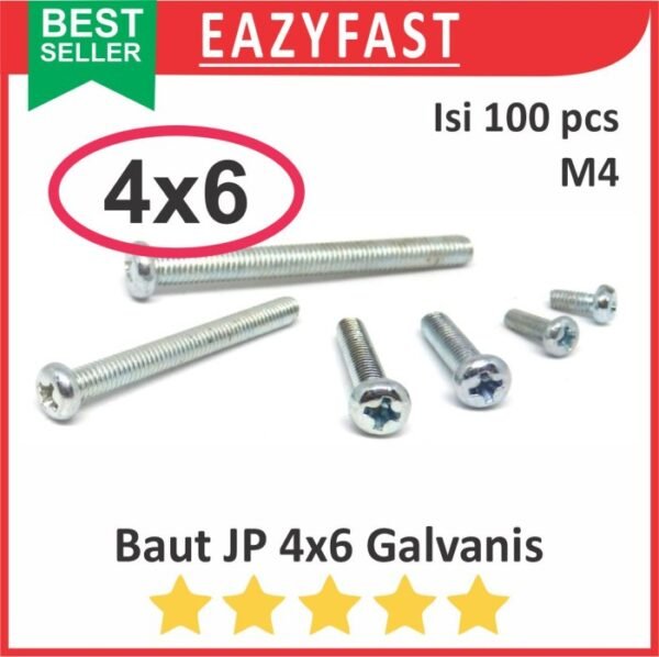 Baut JP M4 6mm 4x6 4 x 6 mm M4x6 Galvanis Putih Phillips Screw Drat Halus Pack 100 Pcs Skrup Sekrup