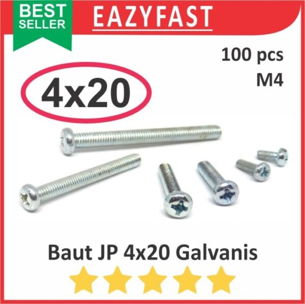 Baut JP M4 20mm 4x20 4 x 20 mm M4x20 Galvanis Putih Phillips Screw Drat Halus Pack isi 100 Pcs Skrup