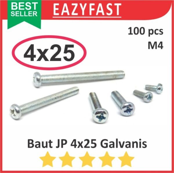 Baut JP M4 25mm 4x25 4 x 25 mm M4x25 Galvanis Putih Phillips Screw Drat Halus Pack isi 100 Pcs Skrup