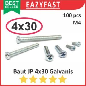 Baut JP M4 30mm 4x30 4 x 30 mm M4x30 Galvanis Putih Phillips Screw Drat Halus Pack isi 100 Pcs Skrup