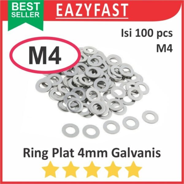 Ring Plat Washer Mur Baut M4 4mm M 4 mm Flat Plate Galvanis Putih JP Screw Pack isi 100 Pcs Skrup WP
